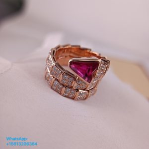 Bvlgari Serpenti Viper Two-Coil Ring in 18 kt Rose Gold, Set with Full Pavé Diamonds and a Rubellite on The Head