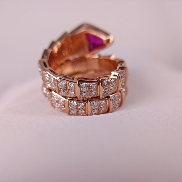 Bvlgari Serpenti Viper Two-Coil Ring in 18 kt Rose Gold, Set with Full Pavé Diamonds and a Rubellite on The Head