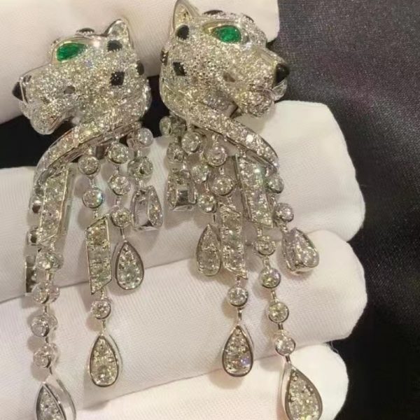 Cartier Panthere De 18K White Gold Earrings with Emeralds Onyx Diamonds