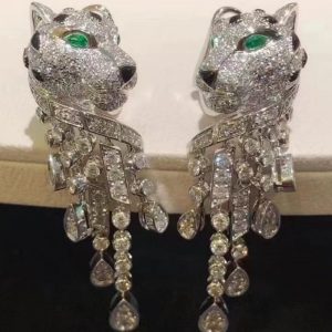 Cartier Panthere De 18K White Gold Earrings with Emeralds Onyx Diamonds