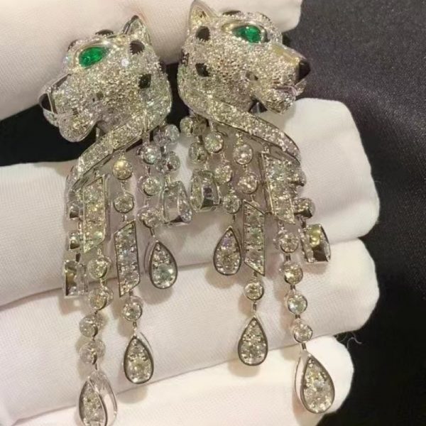 Cartier Panthere De 18K White Gold Earrings with Emeralds Onyx Diamonds