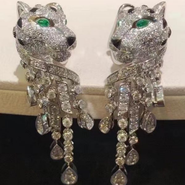 Cartier Panthere De 18K White Gold Earrings with Emeralds Onyx Diamonds