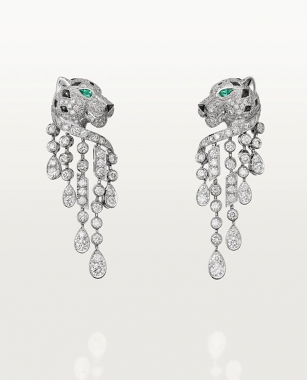 Cartier Panthere De 18K White Gold Earrings with Emeralds Onyx Diamonds