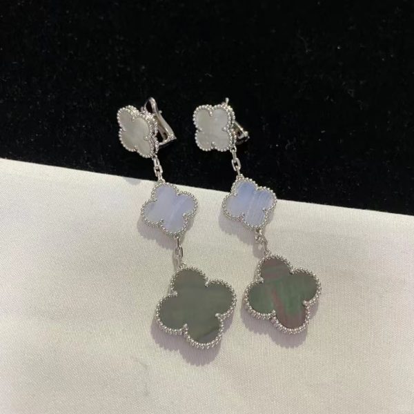 VCA Magic Alhambra 18K White Gold Earrings, 3 Motifs with Chalcedony, Mother-of-pear