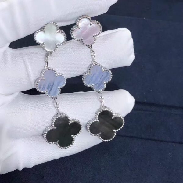 VCA Magic Alhambra 18K White Gold Earrings, 3 Motifs with Chalcedony, Mother-of-pear