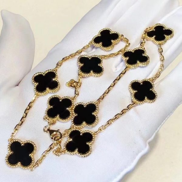 VCA Vintage Alhambra 18K Yellow Gold Necklace, 10 Motifs with Onyx