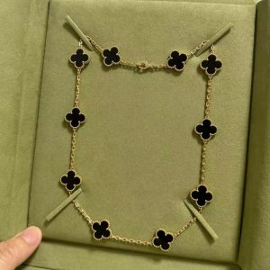 VCA Vintage Alhambra 18K Yellow Gold Necklace, 10 Motifs with Onyx