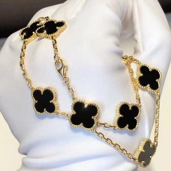 VCA Vintage Alhambra 18K Yellow Gold Necklace, 10 Motifs with Onyx