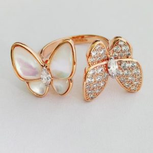 VCA Two Butterfly Between the Finger Pure 18K Rose Gold Ring with Diamond Mother-of-pearl