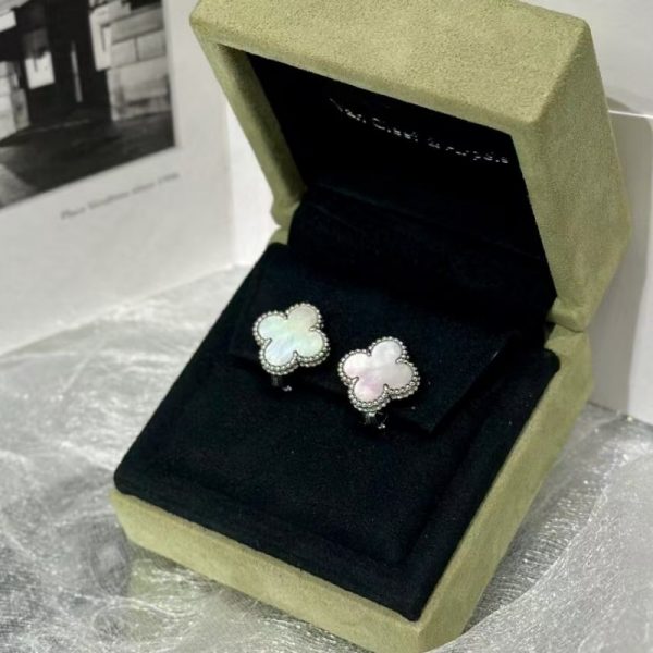 VCA Vintage Alhambra Pure 18K White Gold Earrings with Mother of Pearl