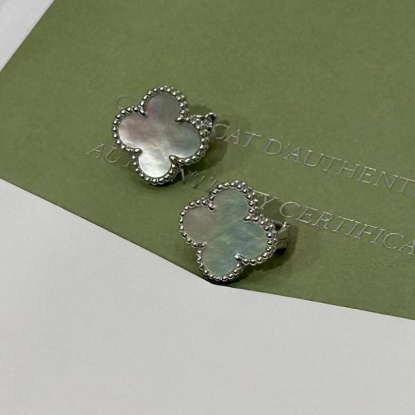 VCA Vintage Alhambra Pure 18K White Gold Earrings with Mother of Pearl