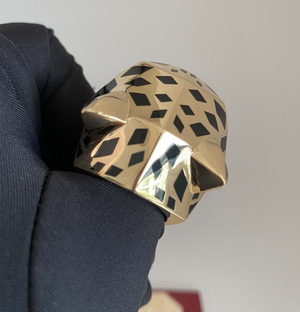 Panthere De Cartier Pure 18K Yellow Gold Ring with Lacquer Peridots Onyx