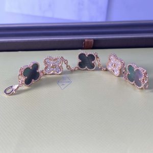 Vintage Alhambra Pure 18K Rose Gold Bracelet 5 Motifs with Diamond, Mother-of-pearl