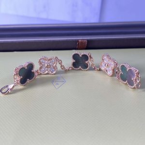 Vintage Alhambra Pure 18K Rose Gold Bracelet 5 Motifs with Diamond, Mother-of-pearl