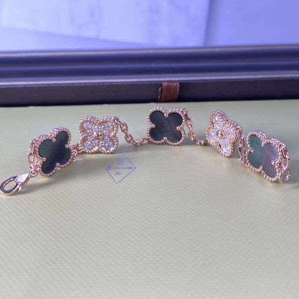 Vintage Alhambra Pure 18K Rose Gold Bracelet 5 Motifs with Diamond, Mother-of-pearl