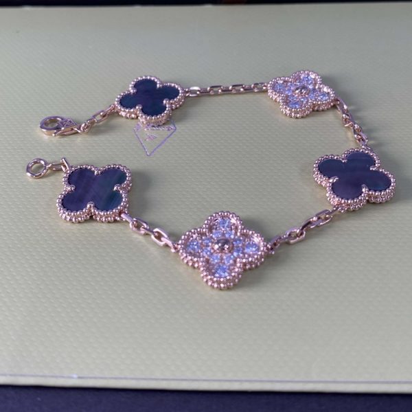 Vintage Alhambra Pure 18K Rose Gold Bracelet 5 Motifs with Diamond, Mother-of-pearl