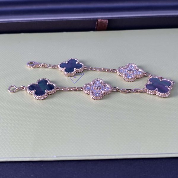 Vintage Alhambra Pure 18K Rose Gold Bracelet 5 Motifs with Diamond, Mother-of-pearl