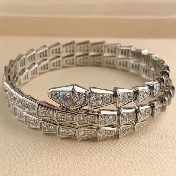 Replica Bulgari Serpenti Viper Double Layer Wrap Bracelet 18K White Gold Pave Diamonds