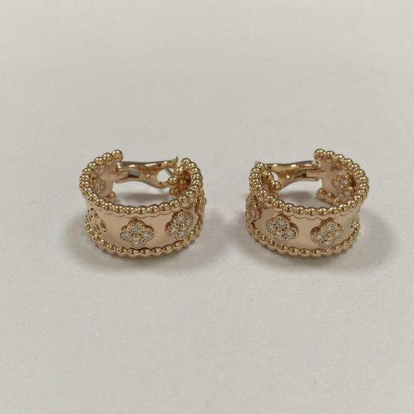 Replica Van Cleef & Arpels 18K Rose Gold Perlee Clovers Diamonds Hoop Earrings