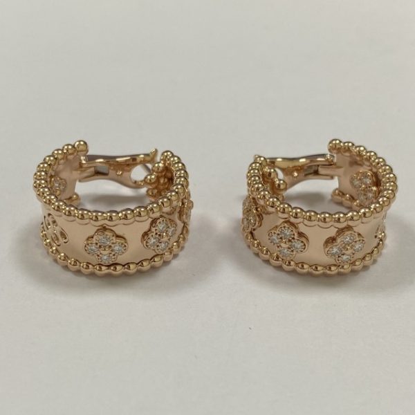 Replica Van Cleef & Arpels 18K Rose Gold Perlee Clovers Diamonds Hoop Earrings