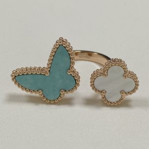 Replica Van Cleef Arpels Lucky Alhambra Between the Finger Ring 18K Rose Gold Mother of Pearl Turquoise