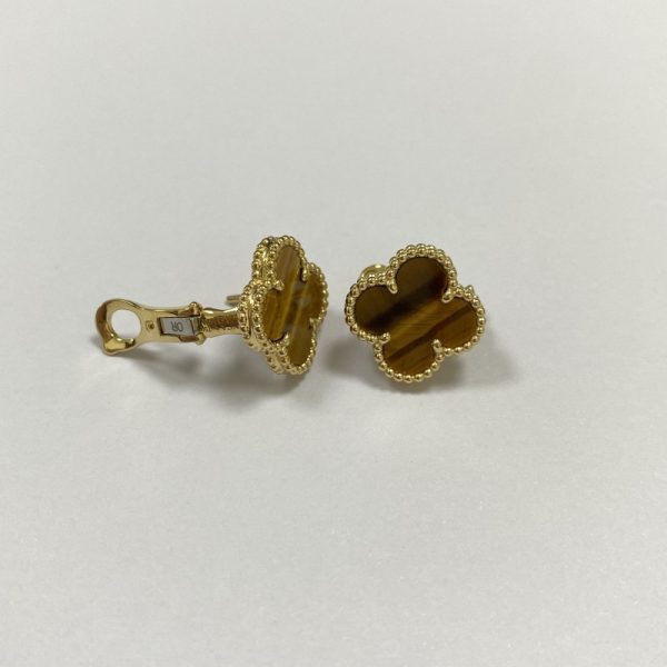 Replica Van Cleef Arpels Vintage Alhambra Earrings 18K Yellow Gold Tiger Eye