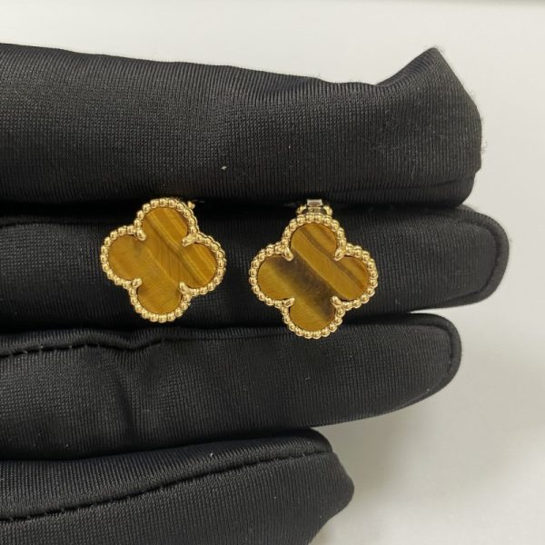 Replica Van Cleef Arpels Vintage Alhambra Earrings 18K Yellow Gold Tiger Eye