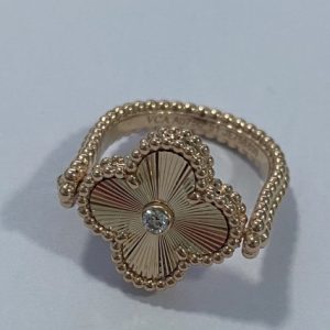 VCA Vintage Alhambra Solid 18K Rose Gold Ring Diamond Carnelian