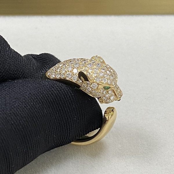 Replica Panthere De Cartier Ring 18K Yellow Gold Diamond Emerald Onyx N4225000