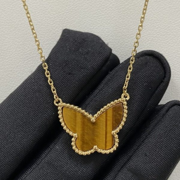 Replica Van Cleef Arpels Lucky Alhambra Butterfly Pendant 18K Yellow Gold Tiger Eye