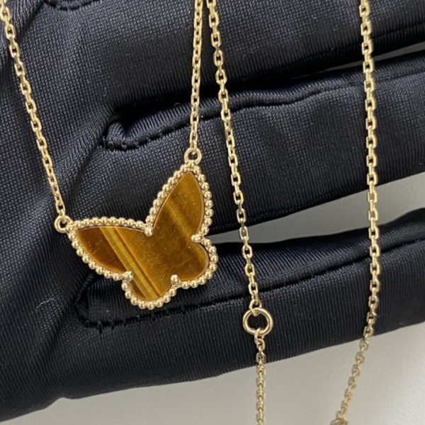 Replica Van Cleef Arpels Lucky Alhambra Butterfly Pendant 18K Yellow Gold Tiger Eye