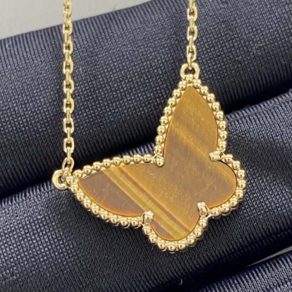 Replica Van Cleef Arpels Lucky Alhambra Butterfly Pendant 18K Yellow Gold Tiger Eye