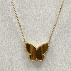 Replica Van Cleef Arpels Lucky Alhambra Butterfly Pendant 18K Yellow Gold Tiger Eye