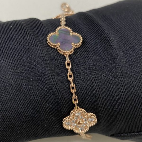 Replica Van Cleef Arpels Vintage Alhambra Bracelet 5 Motifs 18K Rose Gold Diamond Mother of Pearl