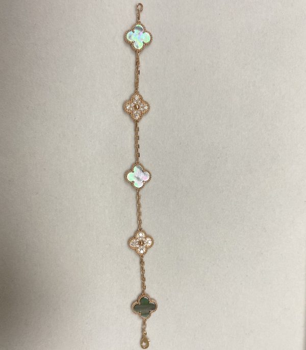 Replica Van Cleef Arpels Vintage Alhambra Bracelet 5 Motifs 18K Rose Gold Diamond Mother of Pearl