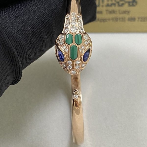 Bulgari Serpenti Bracelet 18K Rose Gold Sapphire Eyes Malachite Elements Pavé Diamonds 356201