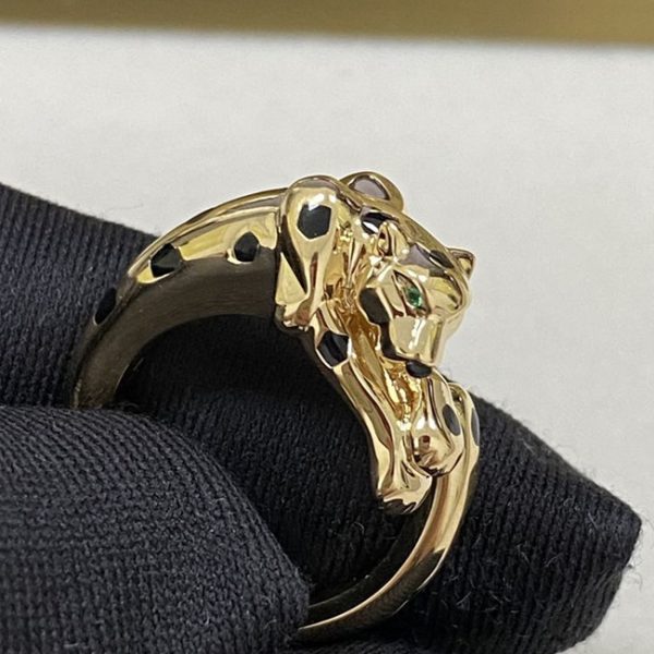 Panthère De Cartier Ring 18K Yellow Gold Onyx Black Lacquer Tsavorite Garnets B4221600