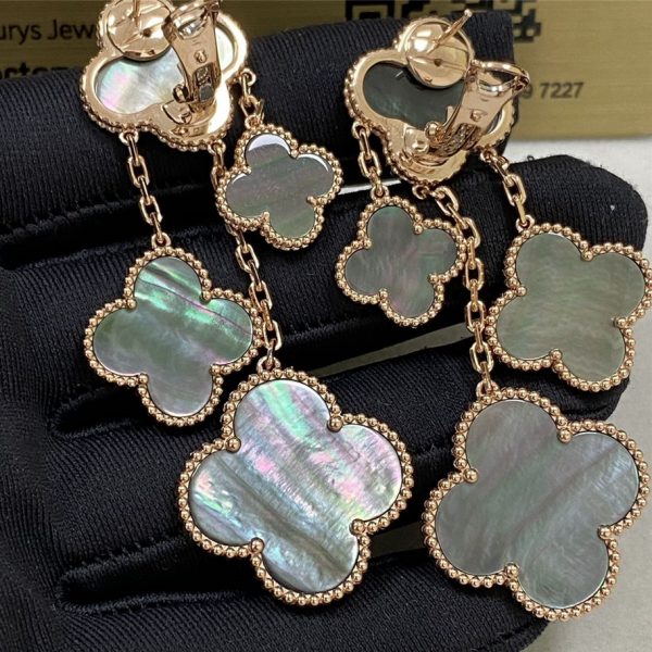 VCA Magic Alhambra Earrings 4 Motifs 18K Rose Gold Grey Mother of Pearl VCARD78900