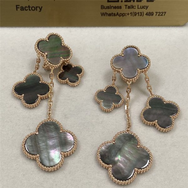 VCA Magic Alhambra Earrings 4 Motifs 18K Rose Gold Grey Mother of Pearl VCARD78900