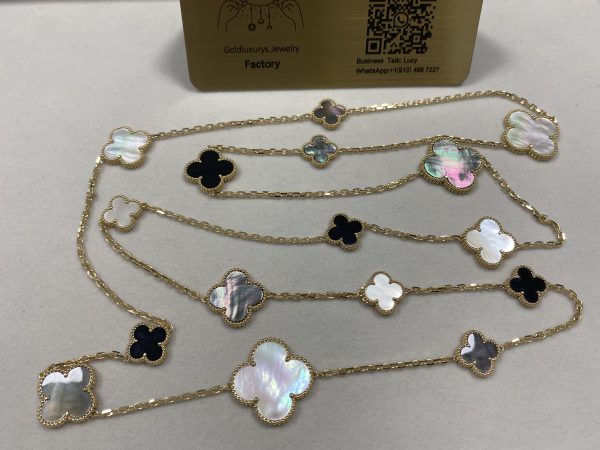 VCA Magic Alhambra Long Necklace 16 Motifs 18K Yellow Gold Mother of Pearl Onyx VCARD79400