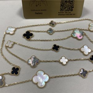 VCA Magic Alhambra Long Necklace 16 Motifs 18K Yellow Gold Mother of Pearl Onyx VCARD79400