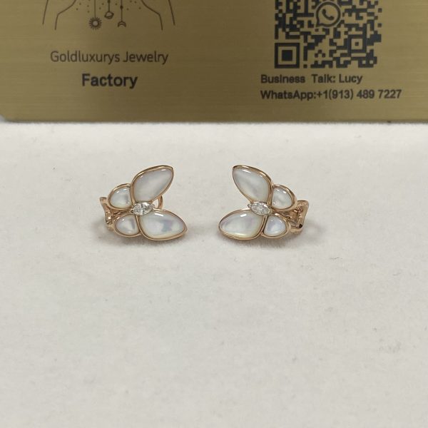 VCA Two Butterfly Earrings 18K Rose Gold Diamond Mother of Pearl VCARO8FN00