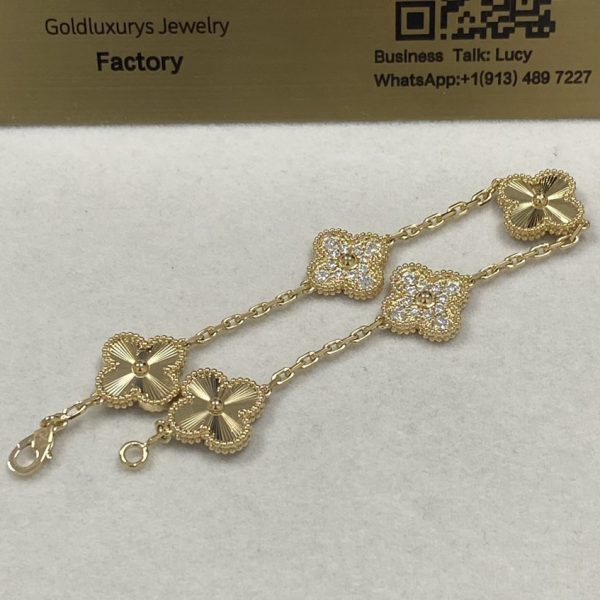 VCA Vintage Alhambra Bracelet 5 Motifs 18K Yellow Gold Diamond VCARP4KN00