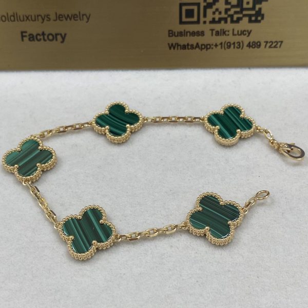 VCA Vintage Alhambra Bracelet 5 Motifs 18K Yellow Gold Malachite VCARL80900