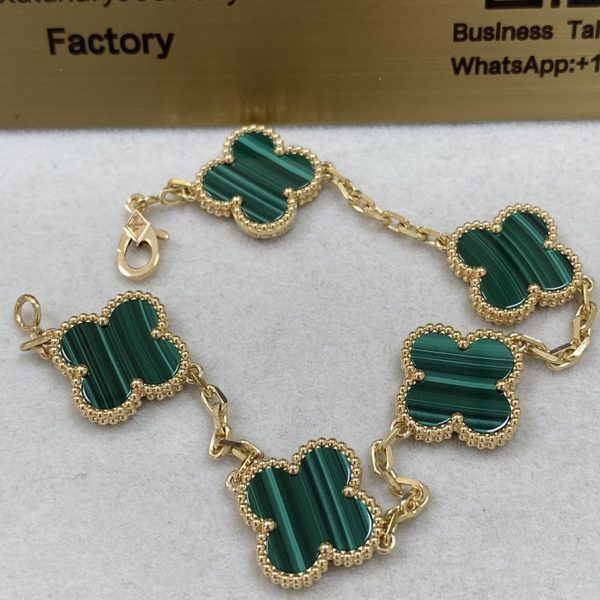 VCA Vintage Alhambra Bracelet 5 Motifs 18K Yellow Gold Malachite VCARL80900