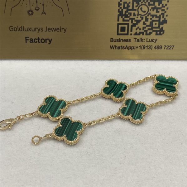 VCA Vintage Alhambra Bracelet 5 Motifs 18K Yellow Gold Malachite VCARL80900