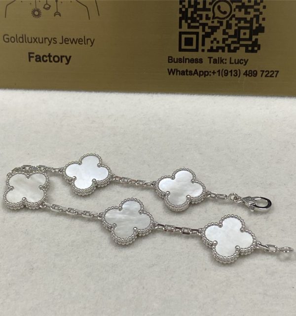 VCA Vintage Alhambra 18K White Gold Mother of Pearl 5 Motifs Bracelet VCARF48400