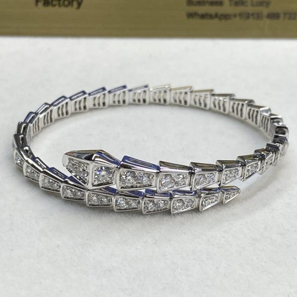 Bulgari Serpenti Viper One Coil Slim 18K White Gold Bracelet Full Pave Diamonds