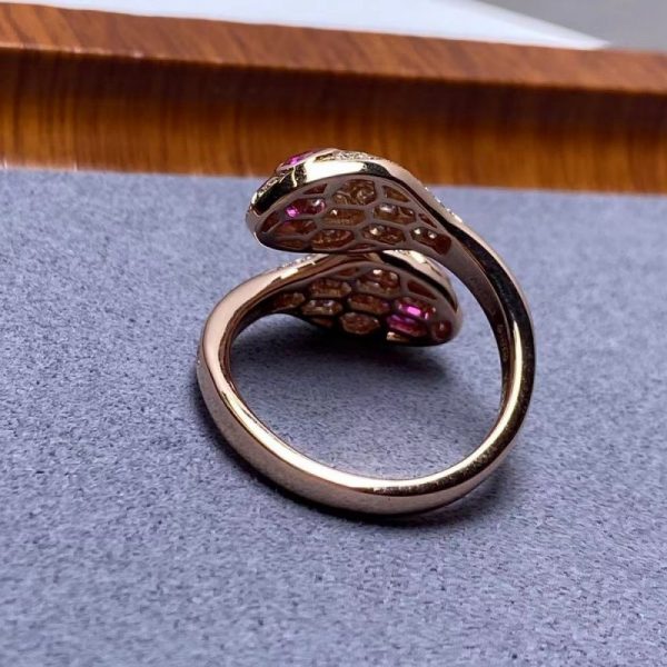 Bvlgari Serpenti Seduttori Ring 18K Rose Gold Rubellite Eyes Pavé Diamonds