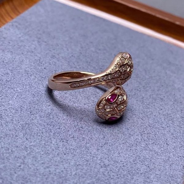 Bvlgari Serpenti Seduttori Ring 18K Rose Gold Rubellite Eyes Pavé Diamonds